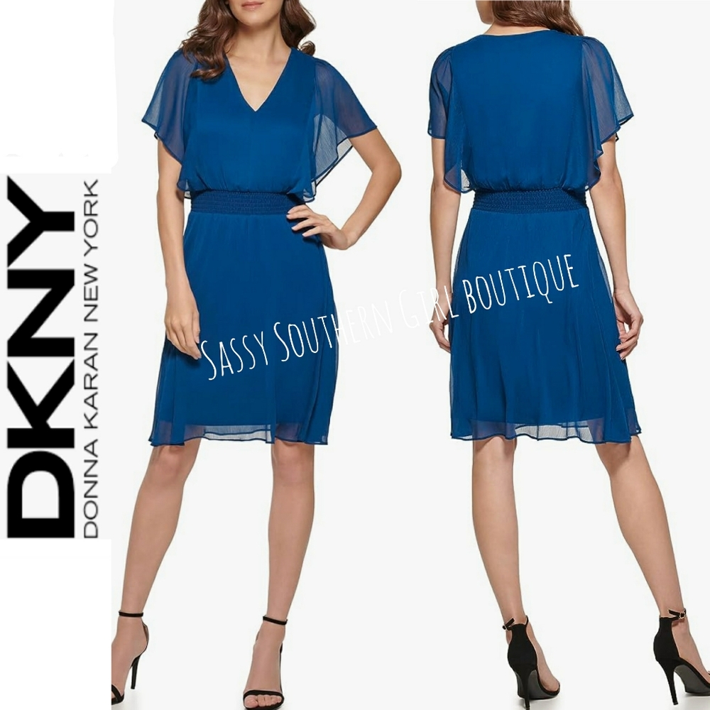 ⭐🆕 DKNY Teal blue flutter sleeve dress